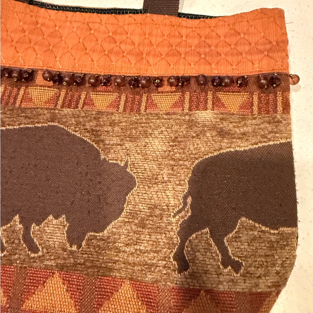 Buffalo print with beads Brown and Orange Tote Bag - Picture 3 of 11